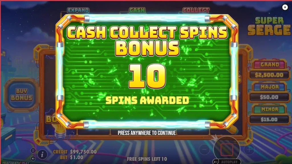 Interface vibrante e futurista do slot Super Serge com símbolos de ferramentas e eletricidade