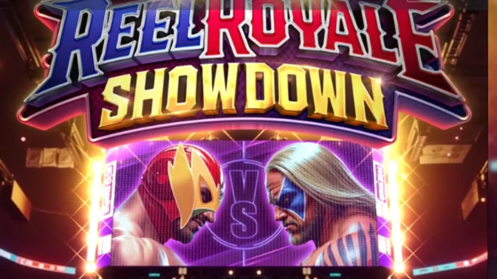 Cena de luta livre no ringue de Reel Royale Showdown com lutadores e luzes de palco