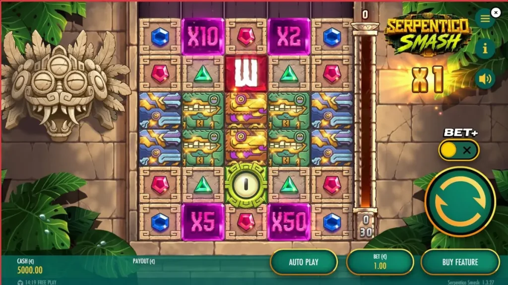 Interface do jogo Serpentico Smash com temática asteca e símbolos de pedra