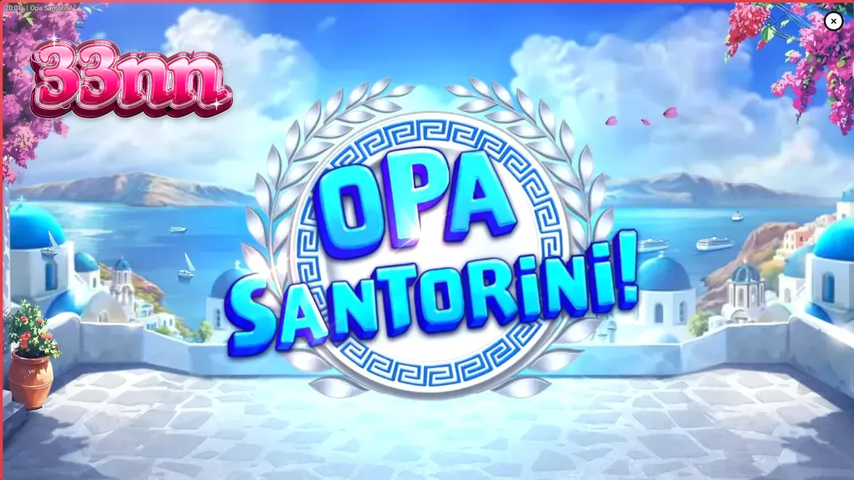 Vista panorâmica de Santorini com o logo do slot Opa Santorini!